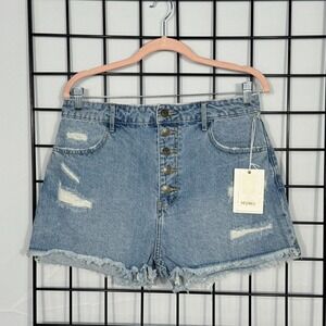 Show Me Your MuMu Arizona Button Up Shorts Womens 29 Blue NWT‎ High Waist 2.5"